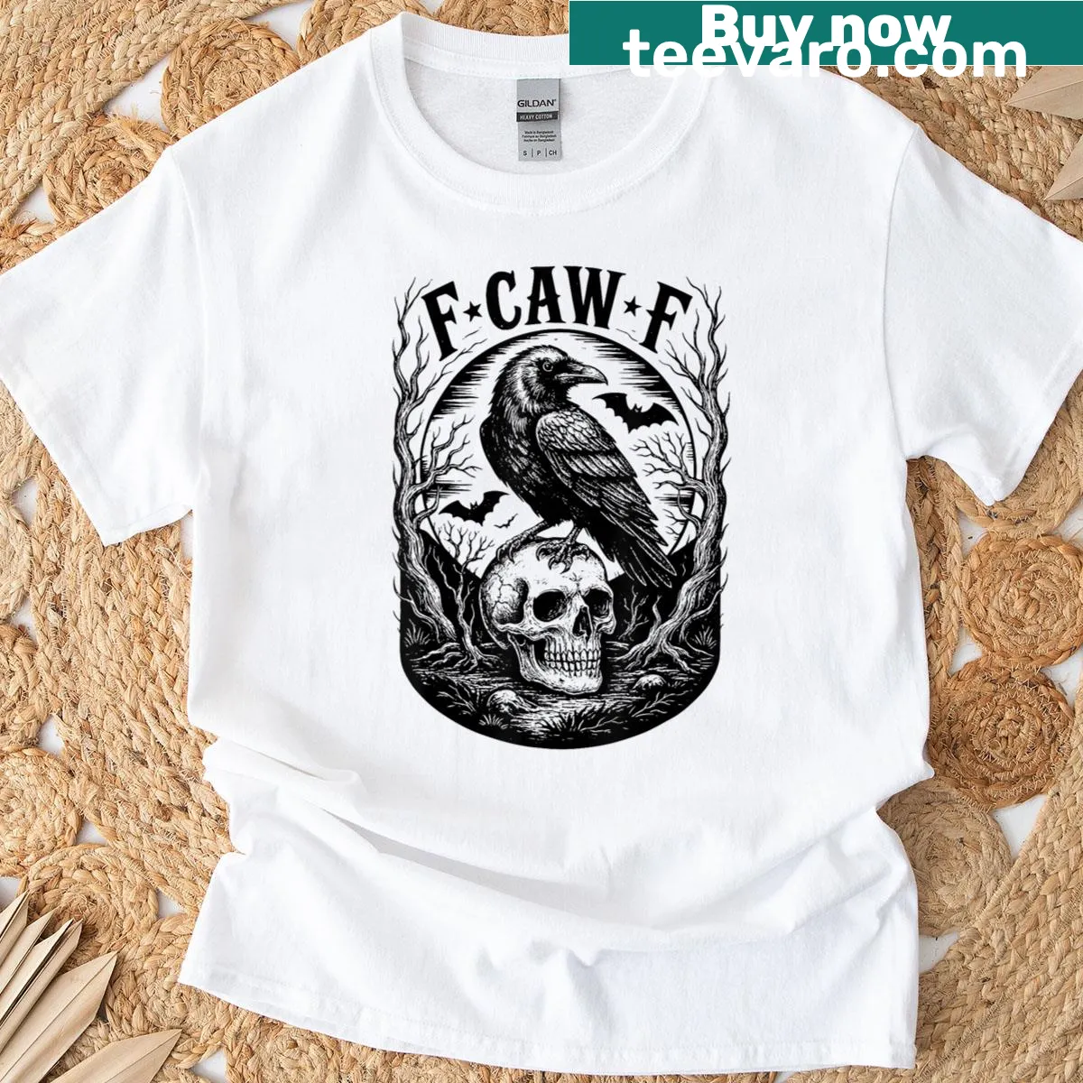 Retro-style black crow design with the phrase F-caw-f — on a men's t-shirt