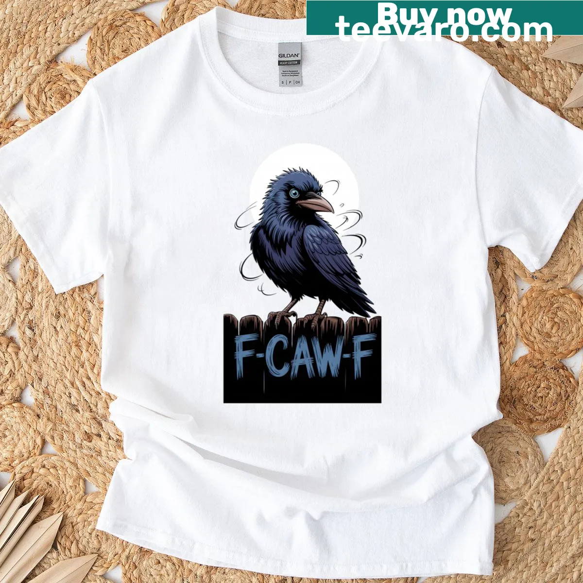 Gothic crow graphic with F-caw-f text on a T-shirt — on a men's t-shirt