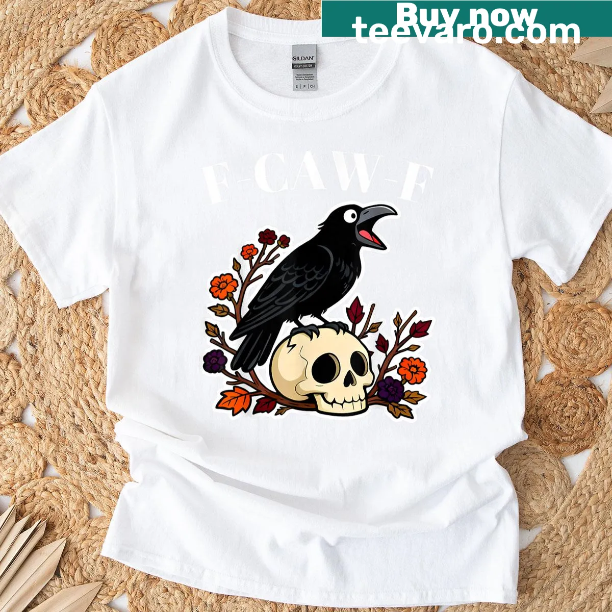 Retro black crow design with the phrase F-caw-f for Halloween — on a men's t-shirt