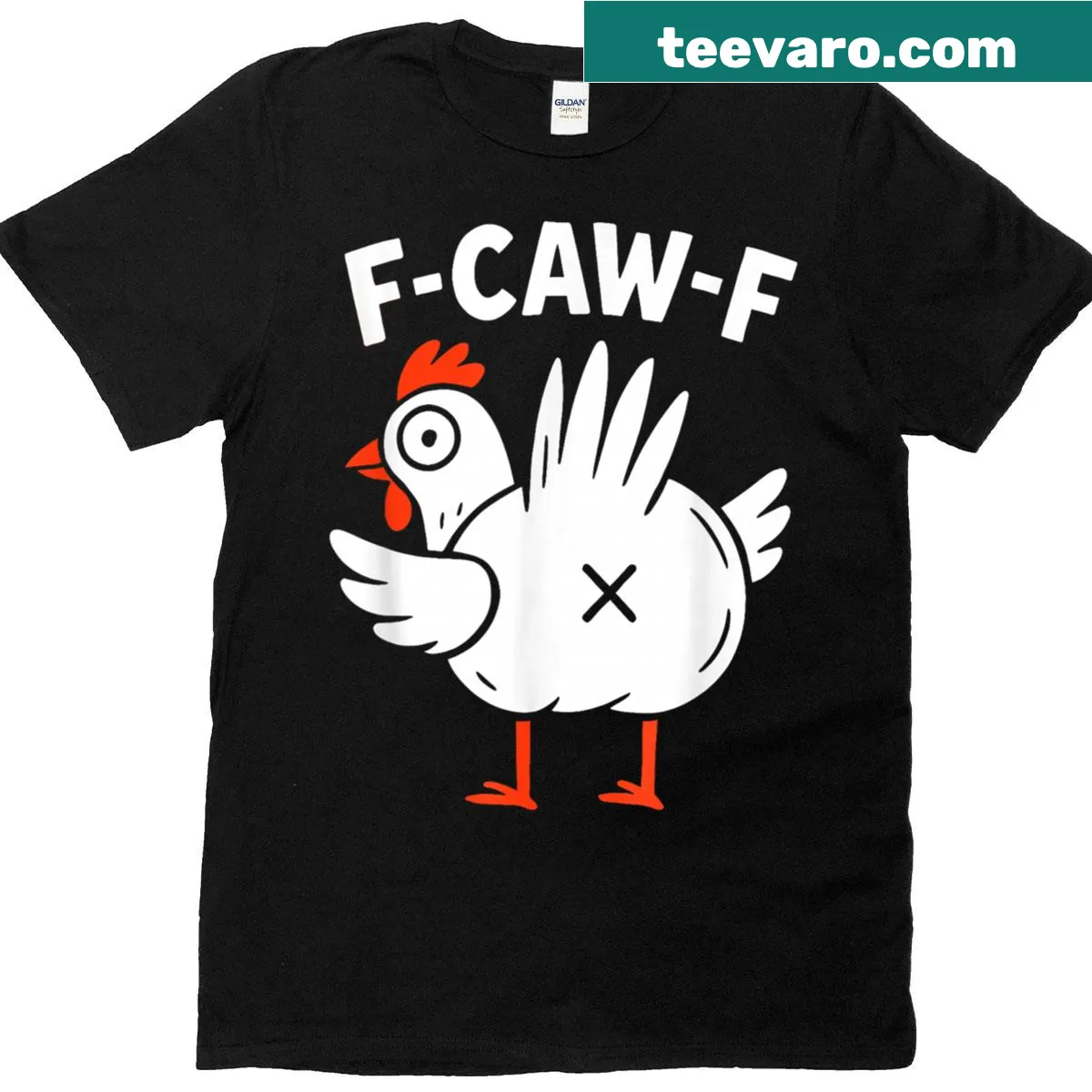 Funny cartoon rooster with the phrase F-caw-f on T-shirt — on a men's t-shirt