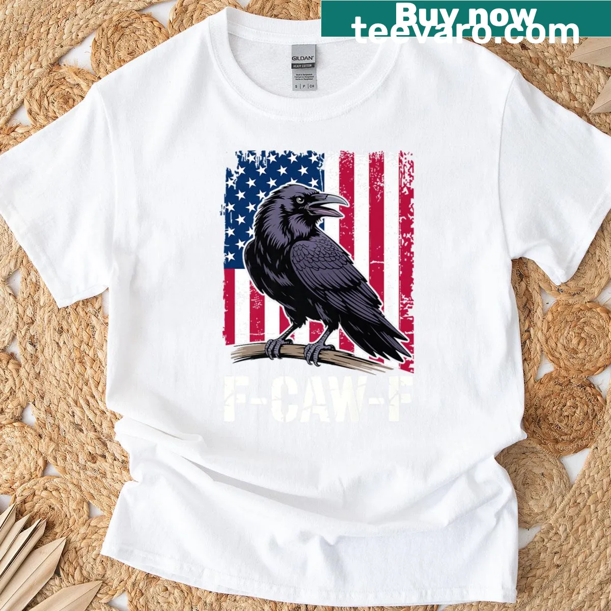 T-shirt featuring a raven and USA flag with 'F-caw-f' phrase — on a men's t-shirt