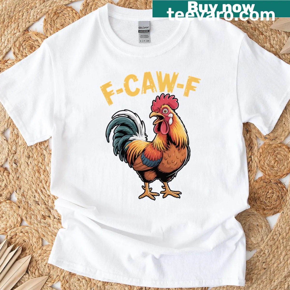 Vintage-style rooster graphic with humorous farmyard pun — on a men's t-shirt