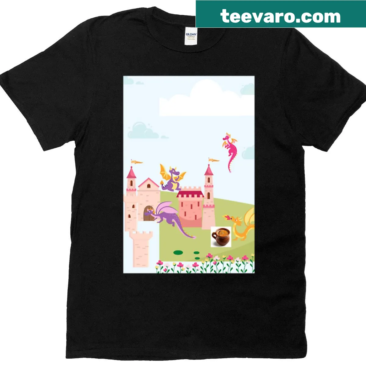 Dragons feasting at a scary castle graphic T-shirt — on a men's t-shirt
