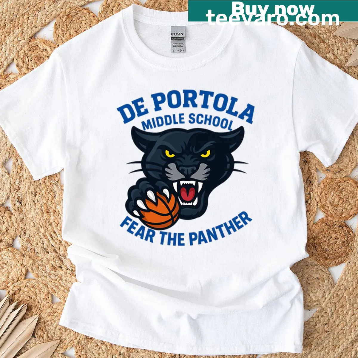 De Portola Middle School spirit logo T-shirt with panther graphic. — on a men's t-shirt
