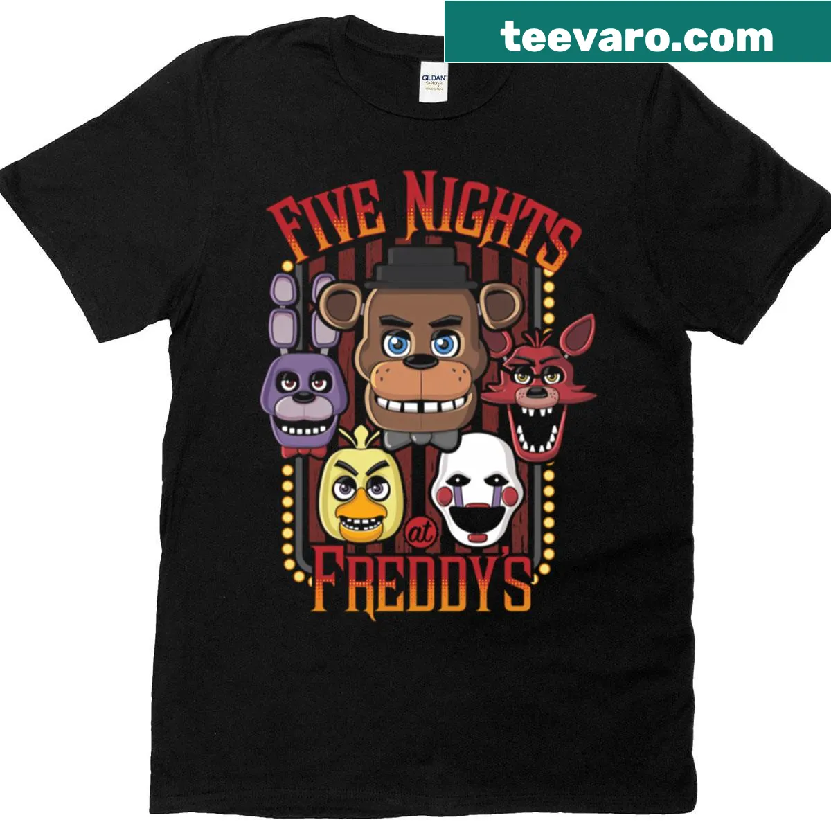 Multi-character design featuring animatronics from Five Nights At Freddy's. — on a men's t-shirt