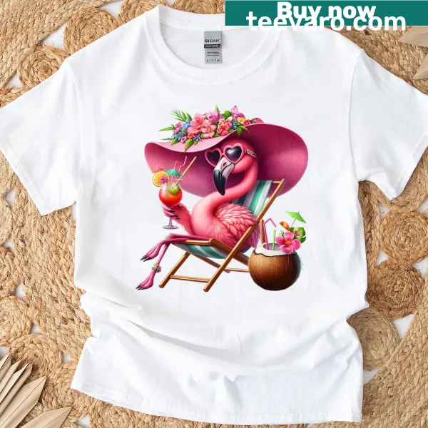 Tropical beach-themed T-shirt featuring a flamingo and palm trees.