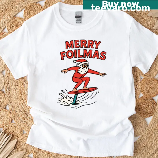 Santa Claus surfing on a hydrofoil in a playful graphic T-shirt