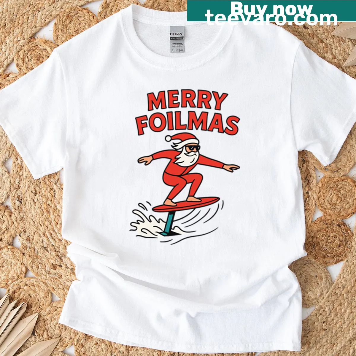 Santa Claus surfing on a hydrofoil in a playful graphic T-shirt — on a men's t-shirt