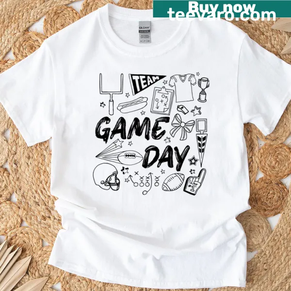 Doodle collage T-shirt featuring football-themed graphics