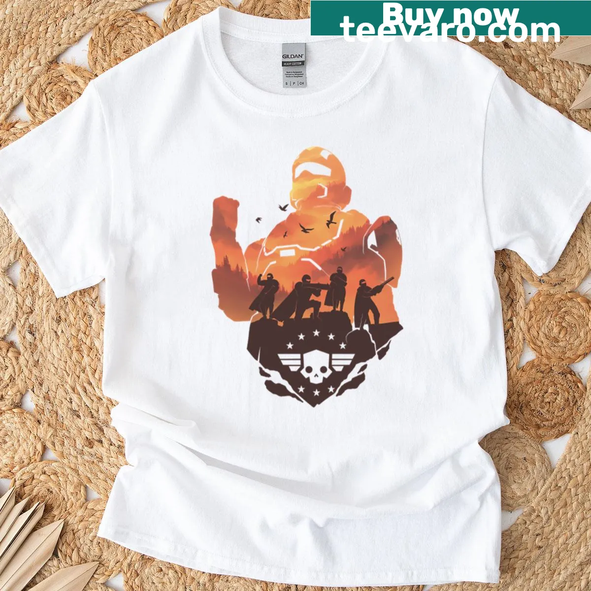 Bold text and graphic for Helldivers game on a t-shirt — on a men's t-shirt