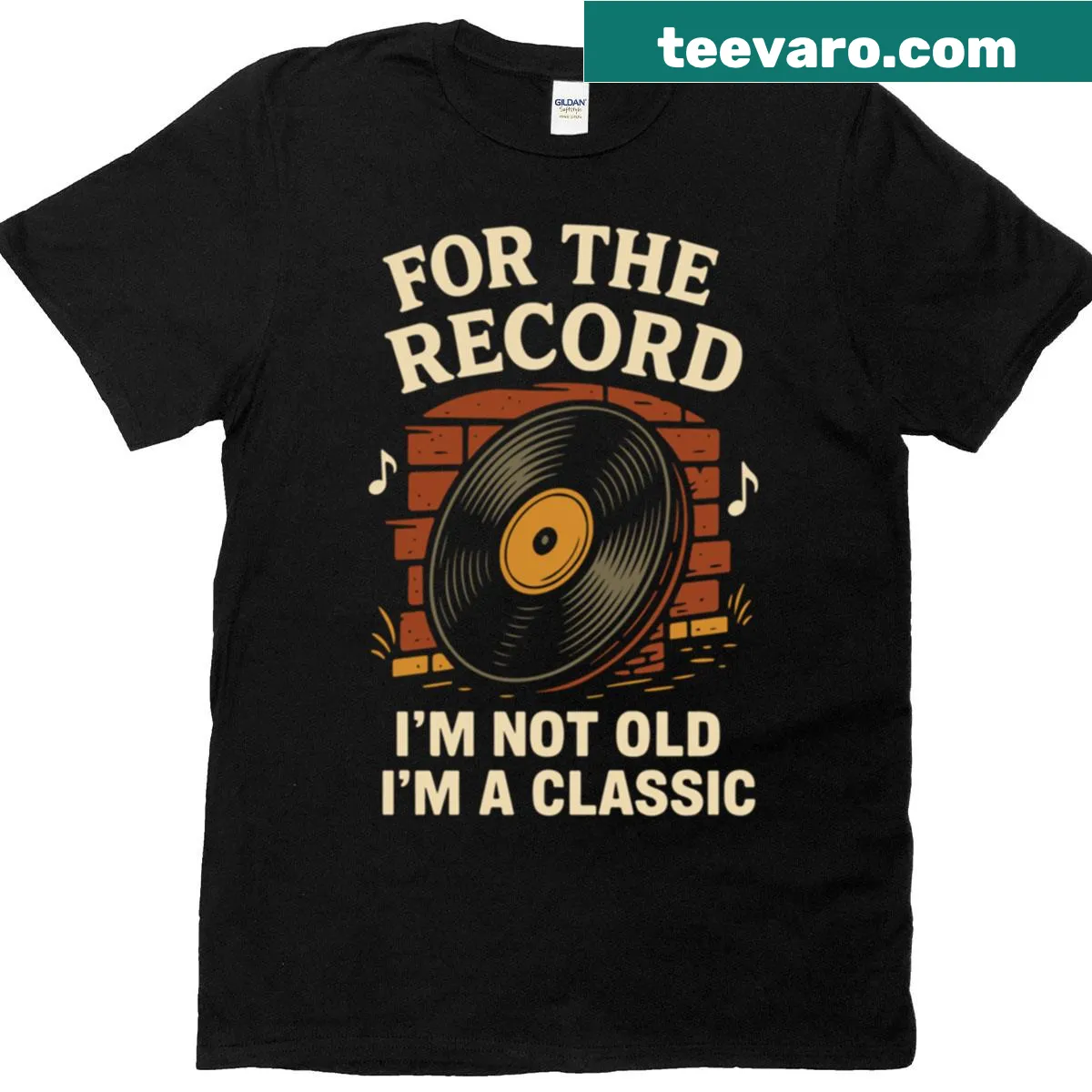 Nostalgic vinyl-themed T-shirt with humorous text — on a men's t-shirt