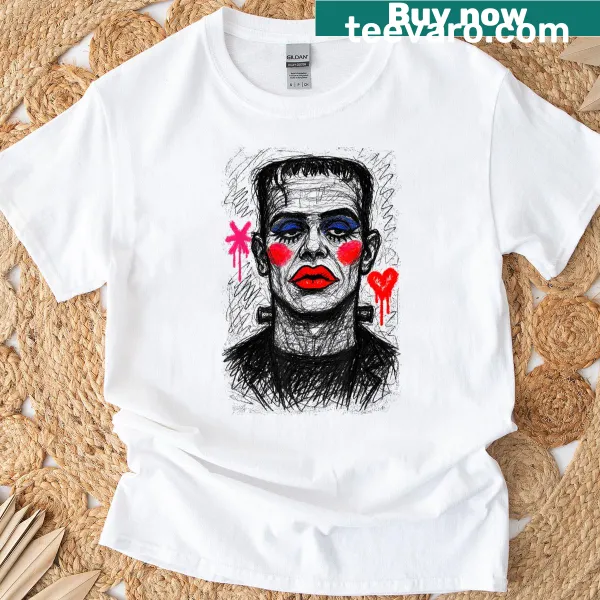 Funny Halloween T-shirt featuring a cartoon Frankenstein portrait