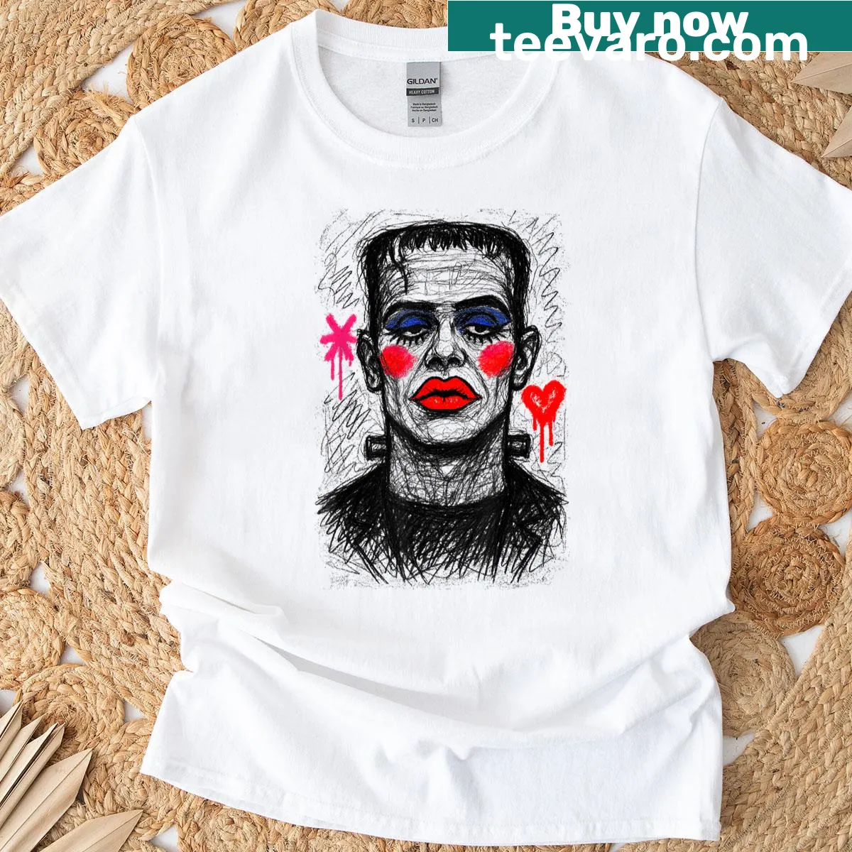 Funny Halloween T-shirt featuring a cartoon Frankenstein portrait — on a men's t-shirt