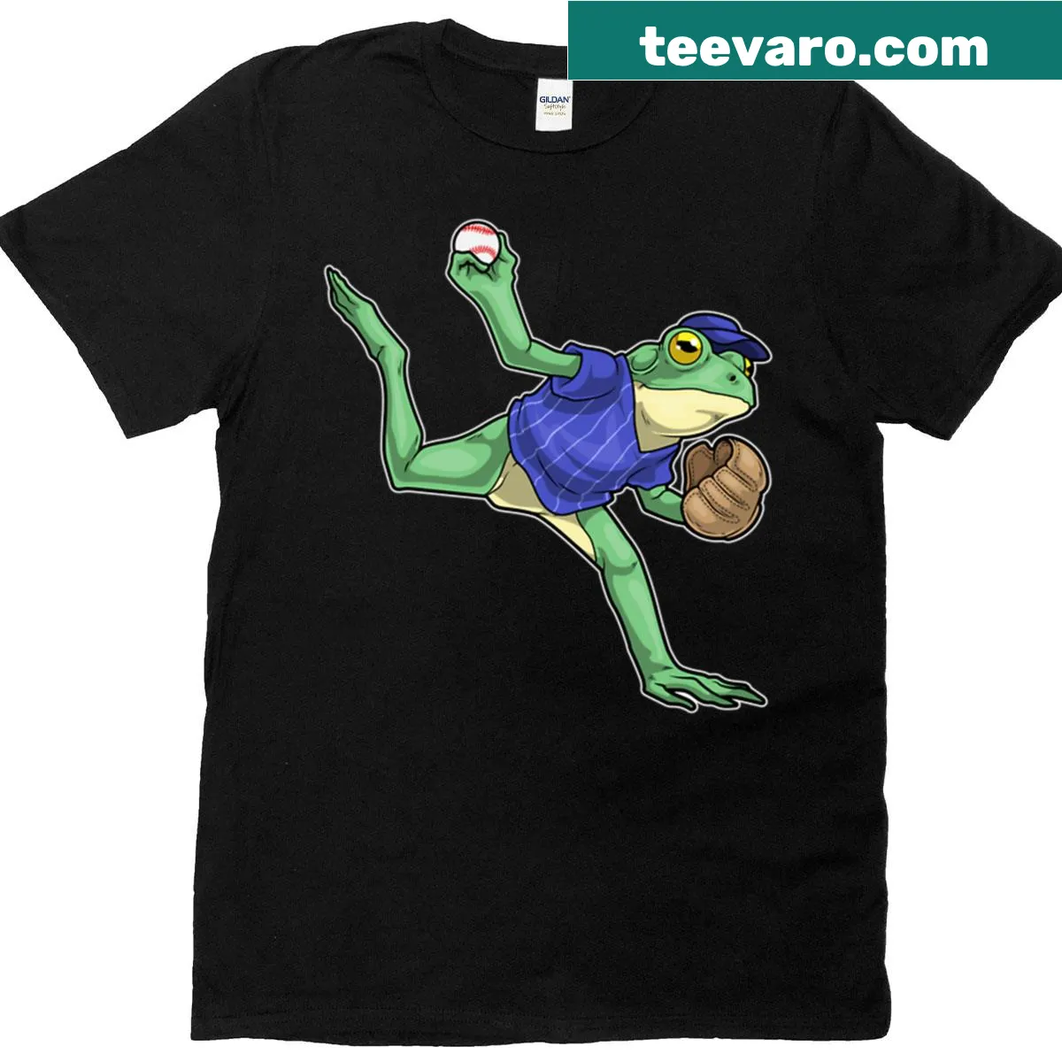 Illustrative frog holding baseball glove on a fun T-shirt — on a men's t-shirt