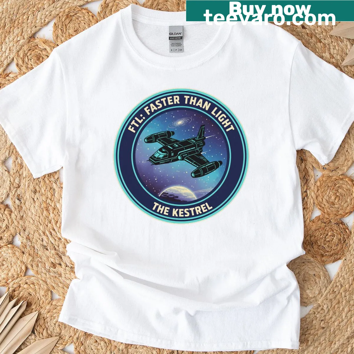 Illustration of Kestrel spaceship from FTL game on oversized shirt — on a men's t-shirt