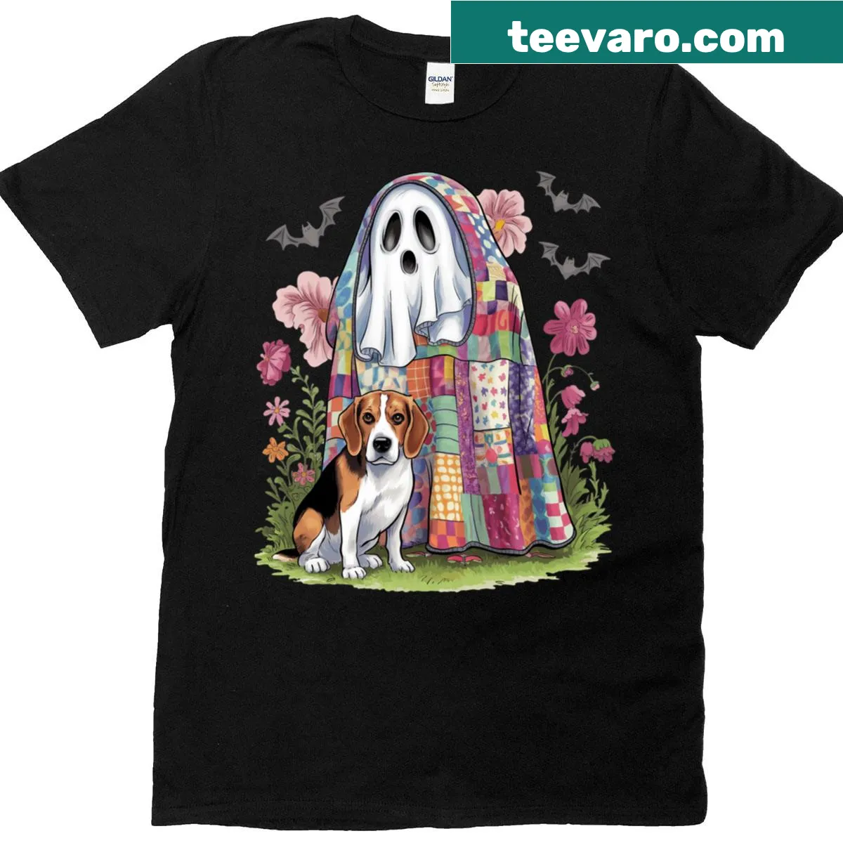Vintage floral T-shirt featuring a ghost beagle puppy design for Halloween — on a men's t-shirt