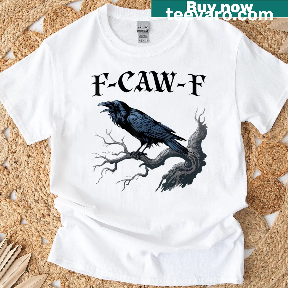 Illustrated black crow with humorous Halloween phrase — on a men's t-shirt