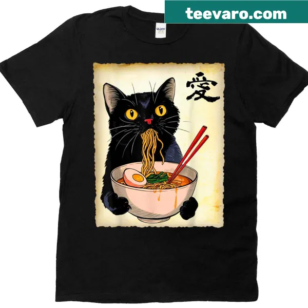 Kawaii cat ramen graphic t-shirt featuring a cute cat