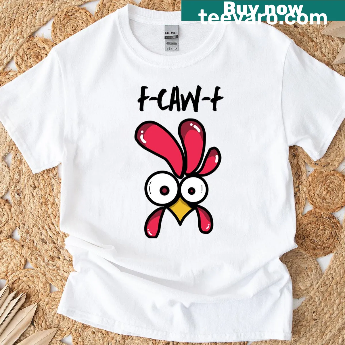 Humorous Rooster t-shirt with F-caw-f quote in bold text — on a men's t-shirt