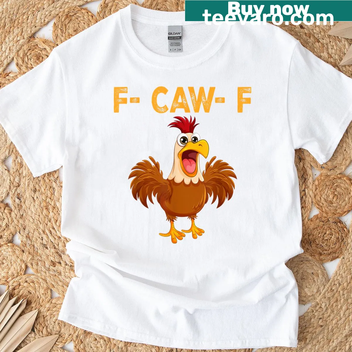 Cartoon chicken with 'F-caw-f' text on a casual t-shirt — on a men's t-shirt