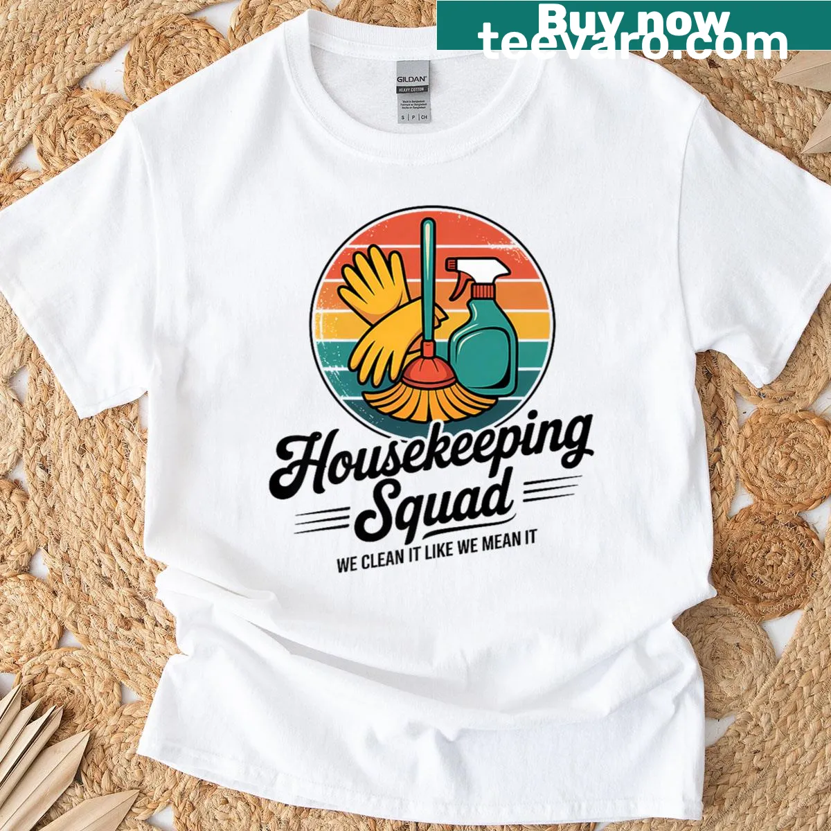 Funny housekeeping graphic t-shirt with humorous cleaning slogan — on a men's t-shirt