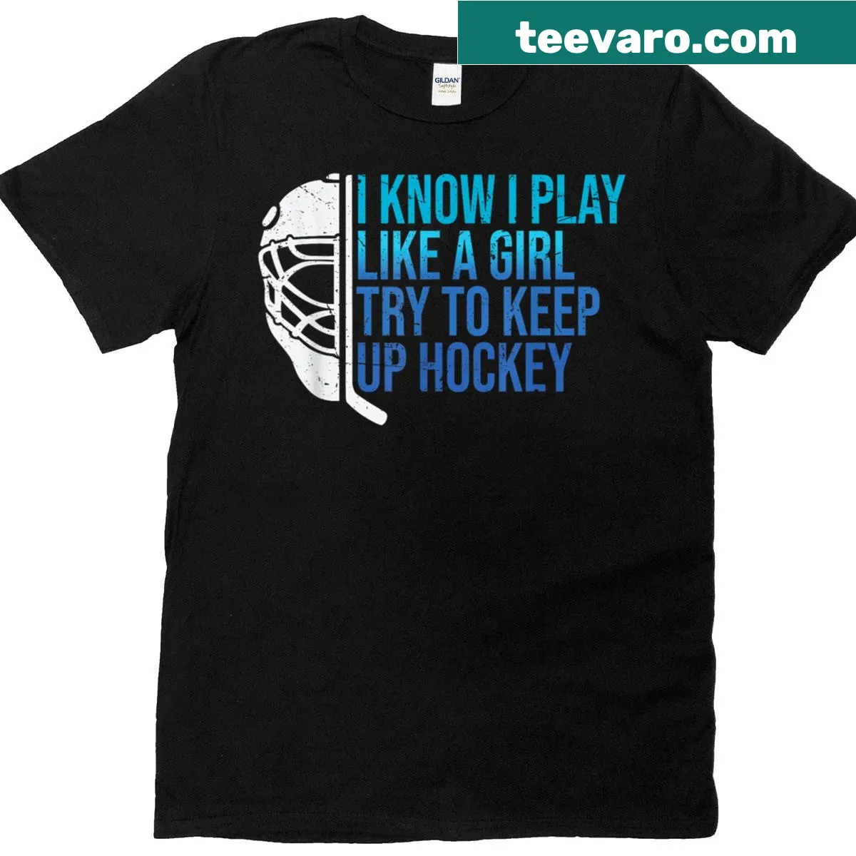 Humorous hockey t-shirt with empowering text about playing like a girl. — on a men's t-shirt