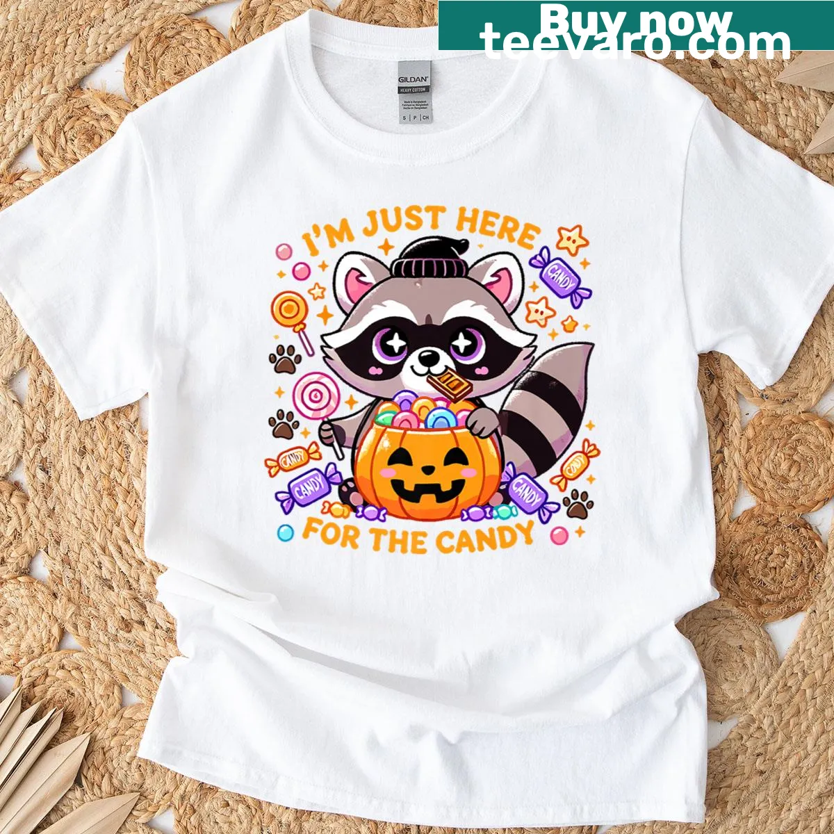 Cute raccoon design with candy tagline on Halloween T-shirt — on a men's t-shirt
