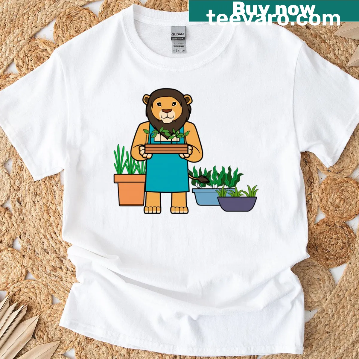 Cartoon design of a lion in an urban garden on a t-shirt — on a men's t-shirt