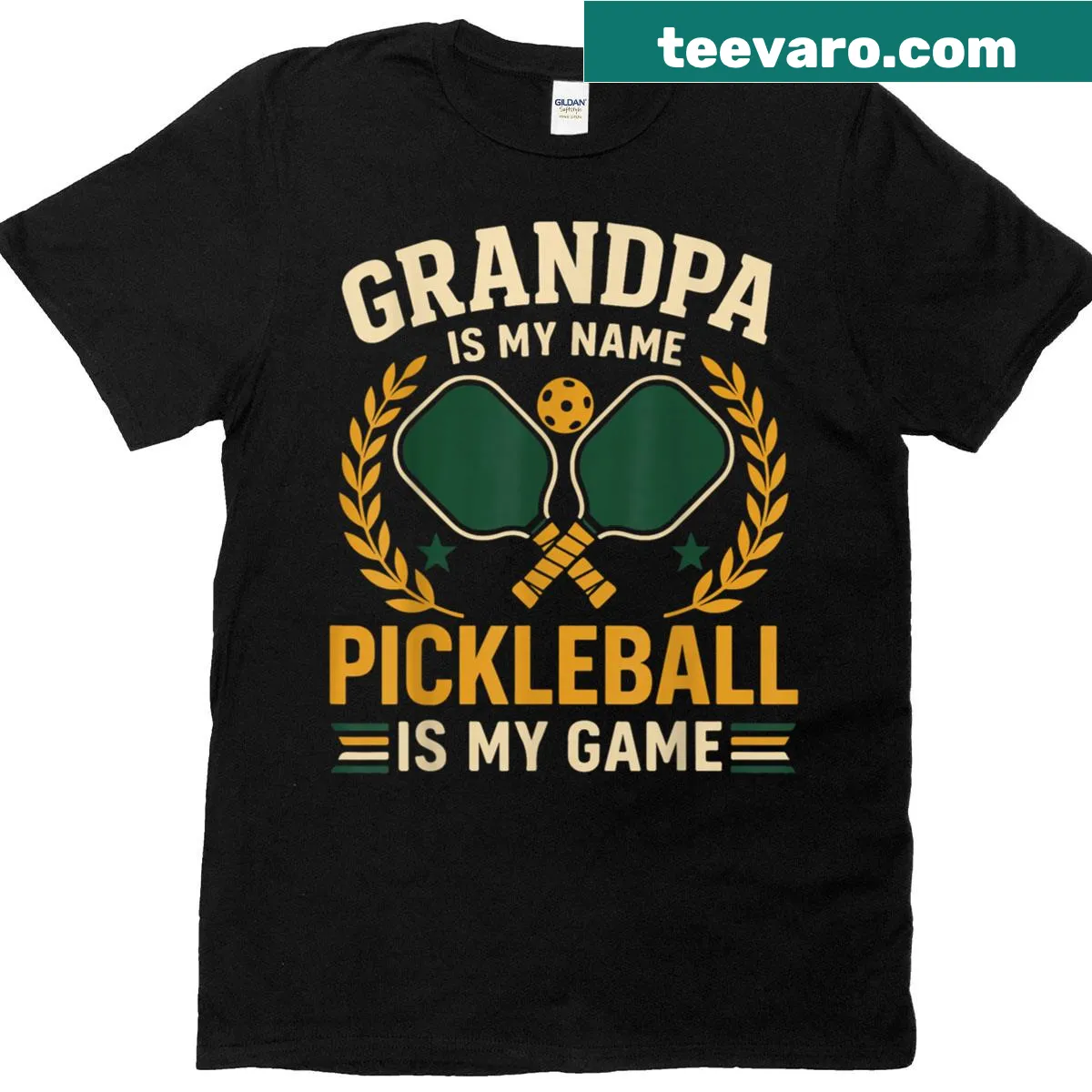 Graphic T-shirt for grandpas featuring a pickleball paddle and humorous text. — on a men's t-shirt