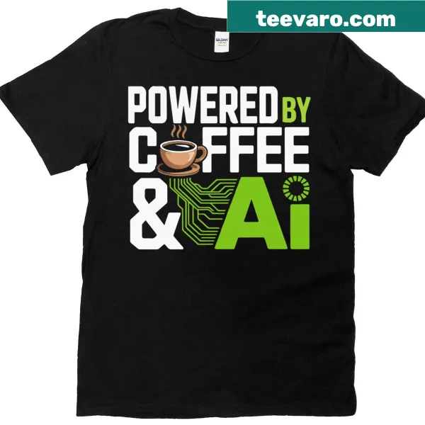 Humorous design saying powered by coffee and AI