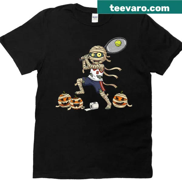 Cartoon mummy holding a tennis racket for Halloween humor.
