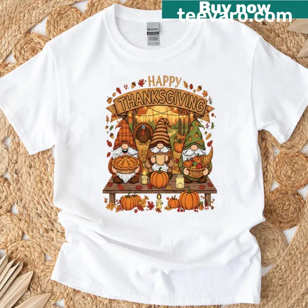 Funny Thanksgiving gnome t-shirt with autumn foliage illustration
