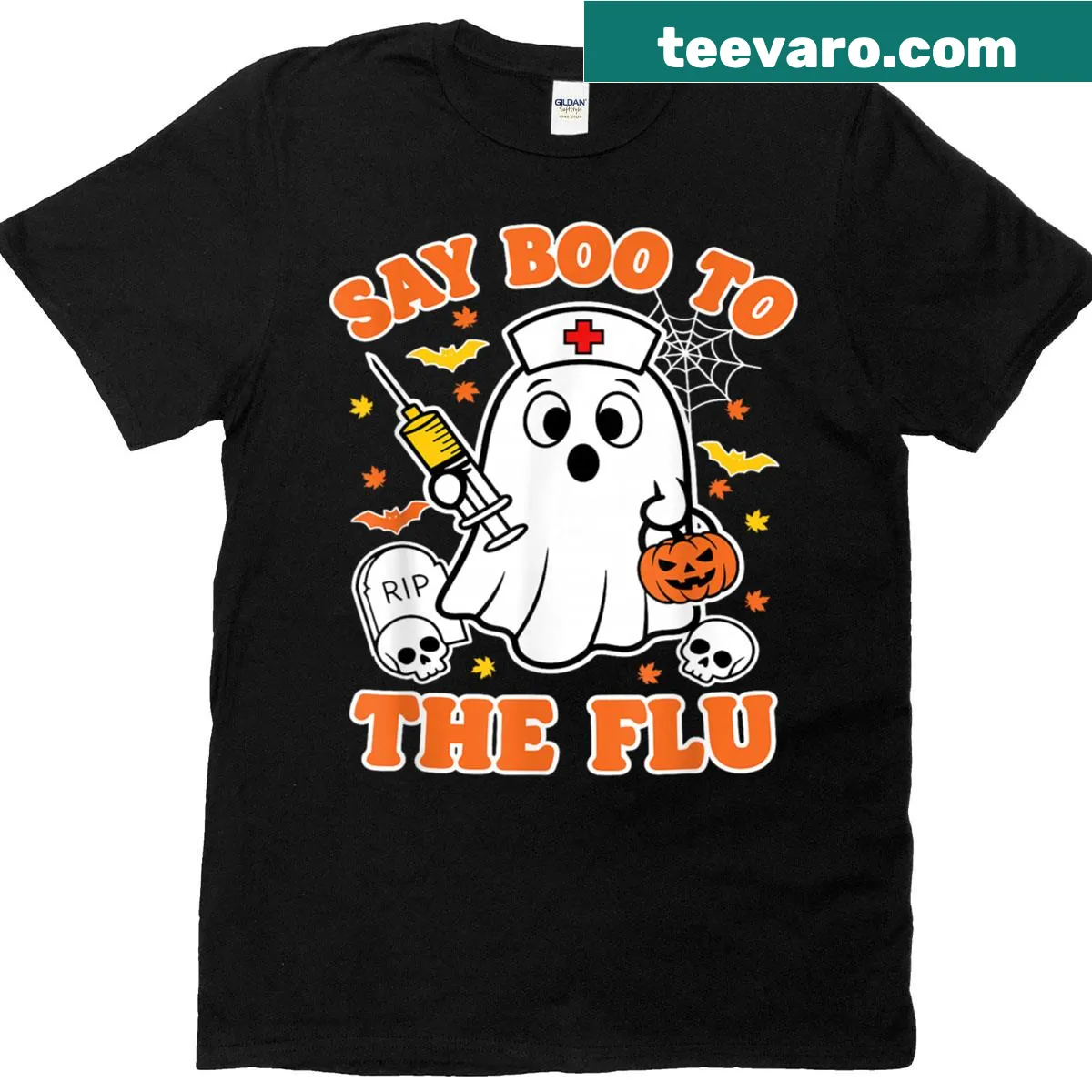 Ghost holding a vaccine with the phrase say boo to the flu — on a men's t-shirt