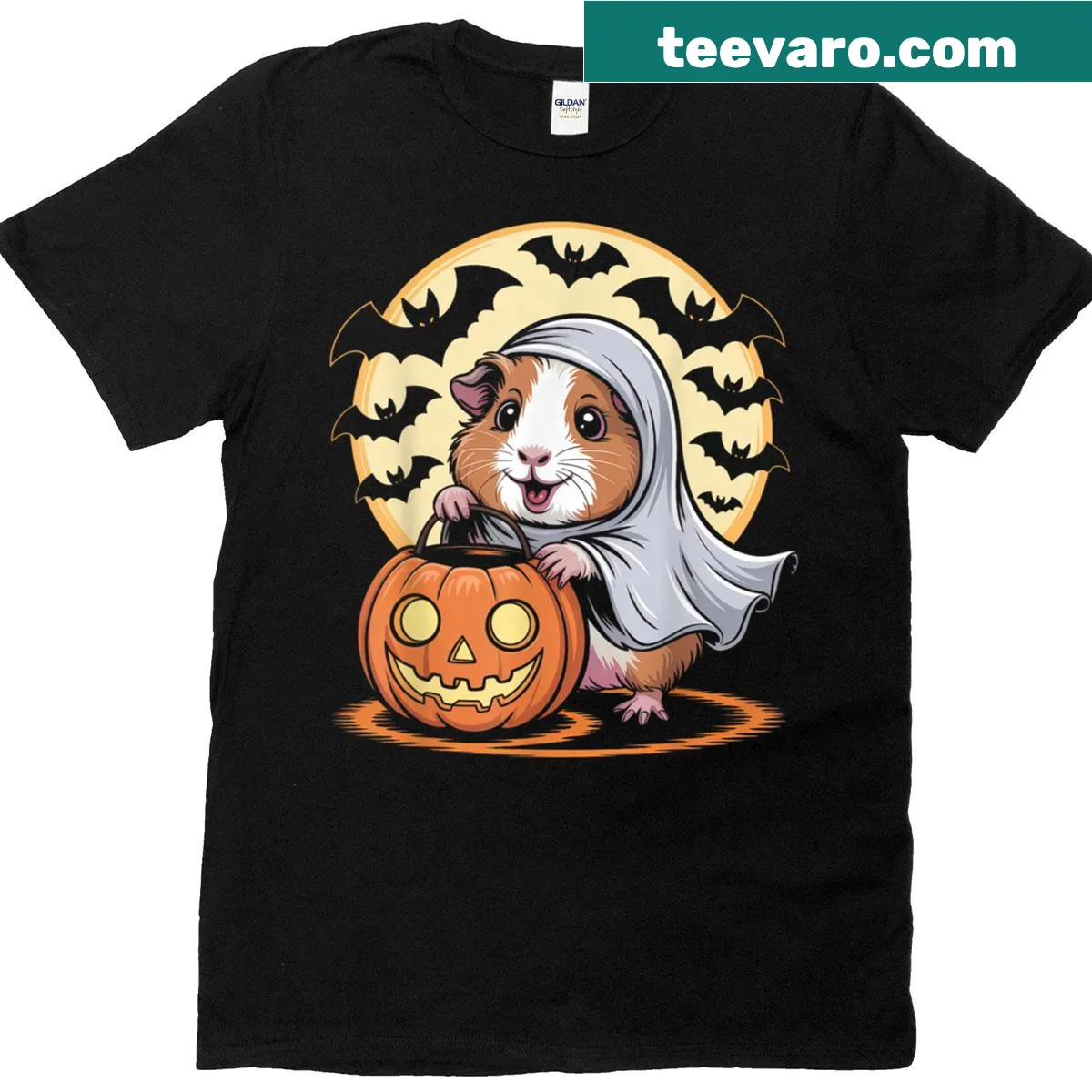Vintage Halloween t-shirt with guinea pig, pumpkin, and ghost illustration — on a men's t-shirt
