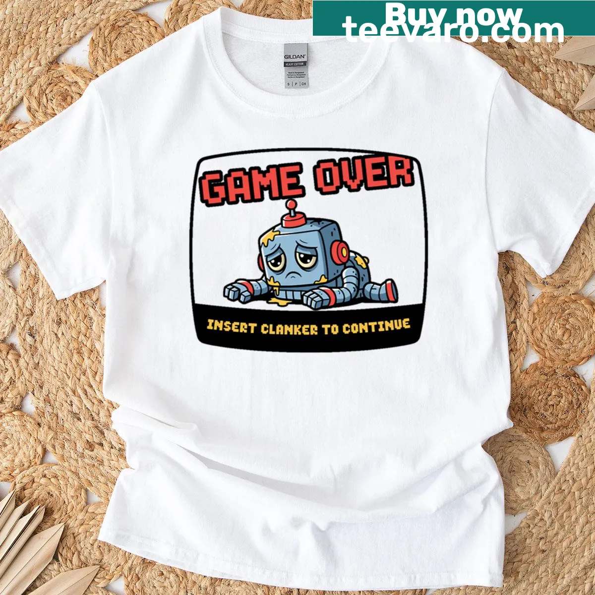 Funny gaming t-shirt with the phrase 'Game Over Insert Clanker To Continue' — on a men's t-shirt