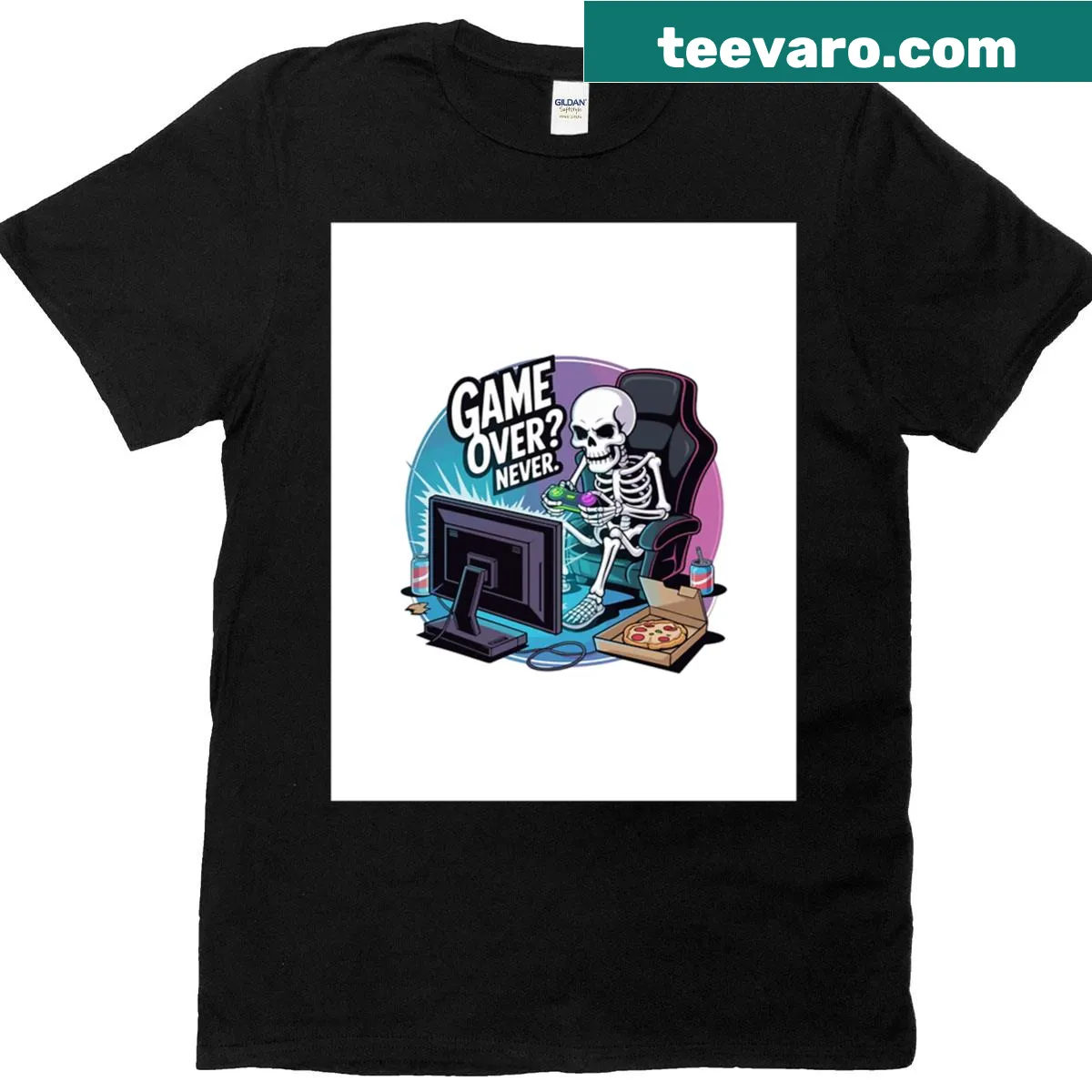 Funny skeleton gamer t-shirt with 'Game Over Never' graphic — on a men's t-shirt