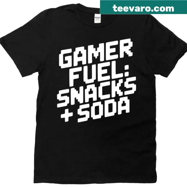 Graphic of snacks and soda for gamers on a T-shirt