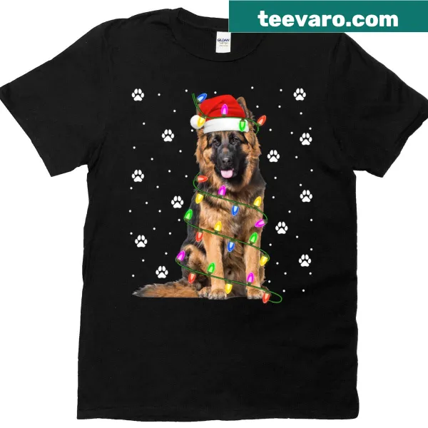German Shepherd with Christmas lights on a festive T-shirt