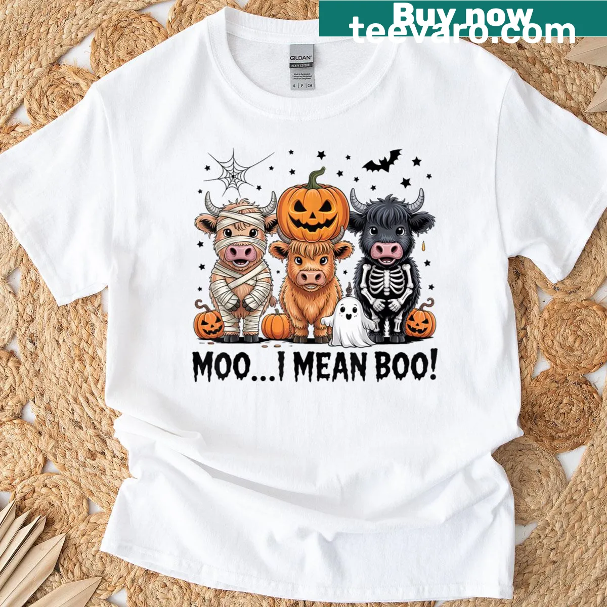 Funny Halloween t-shirt featuring a ghost cow design. — on a men's t-shirt