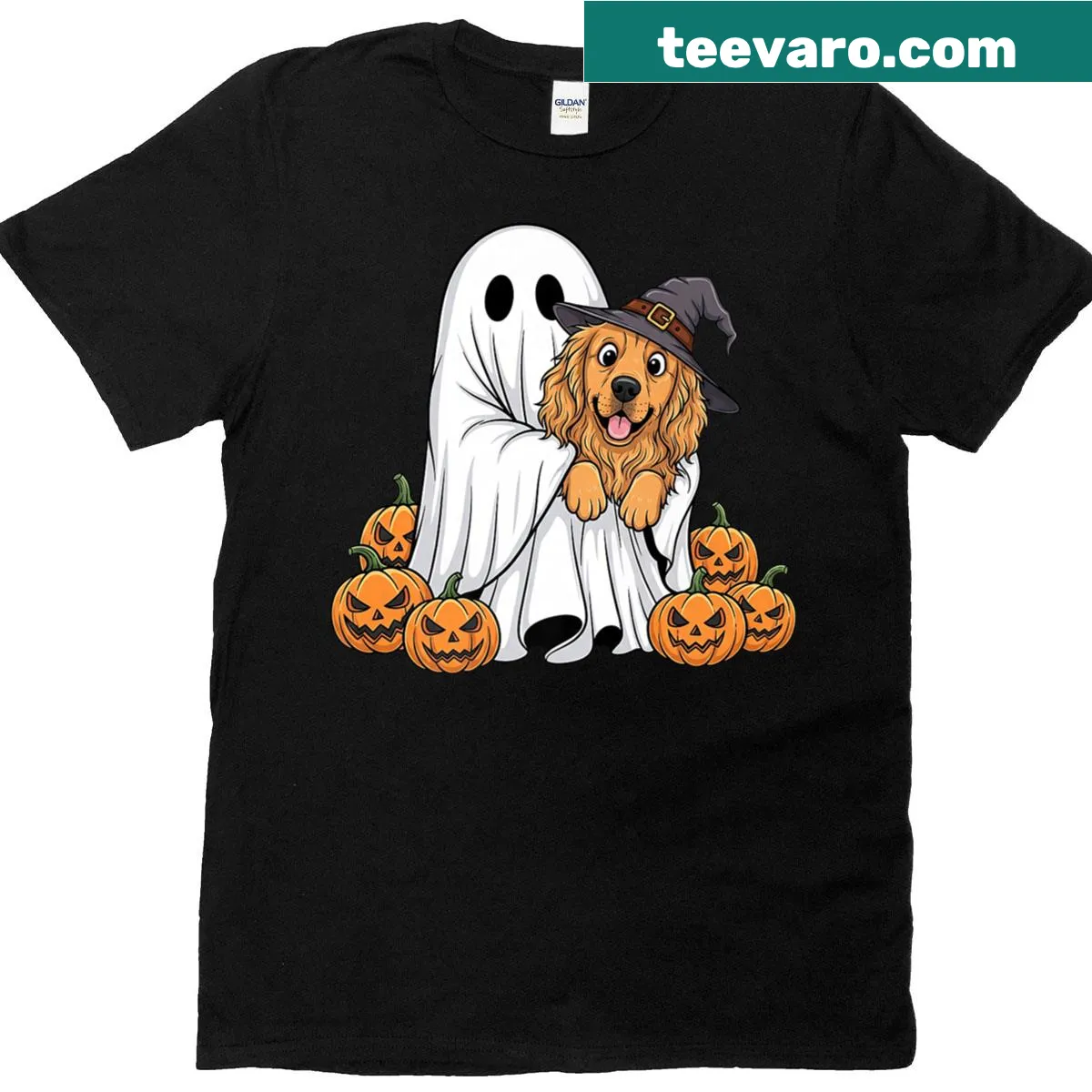 Halloween t-shirt with ghost, golden retriever, and pumpkin — on a men's t-shirt