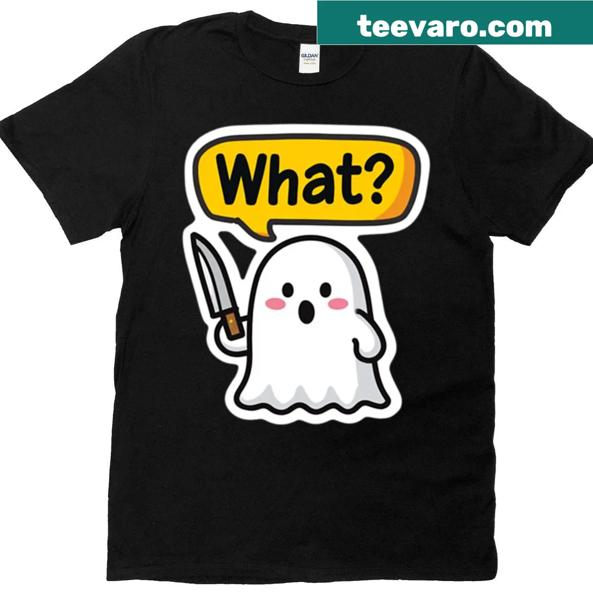 Cartoon ghost holding a knife in a humorous design — on a men's t-shirt