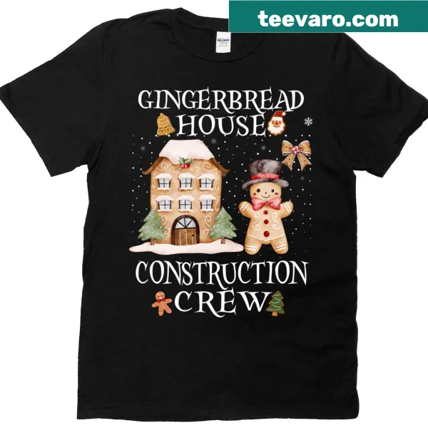 Whimsical gingerbread house crew illustration on T-shirt