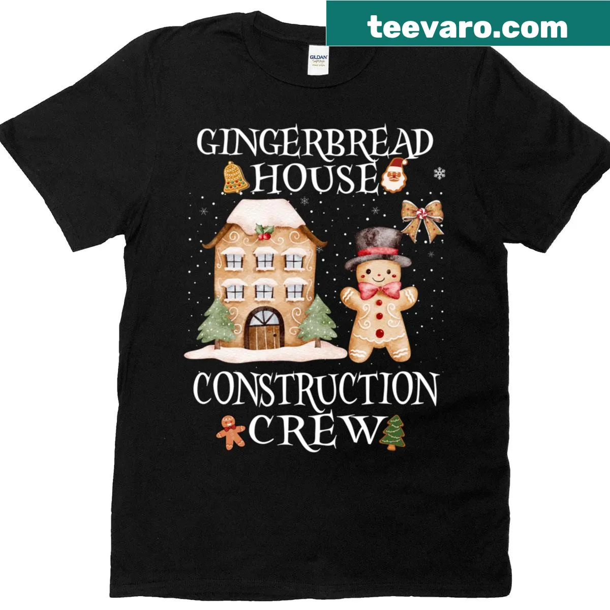 Whimsical gingerbread house crew illustration on T-shirt — on a men's t-shirt