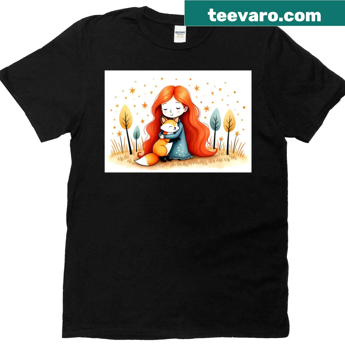 Illustration of a girl hugging a fox in a cute design — on a men's t-shirt