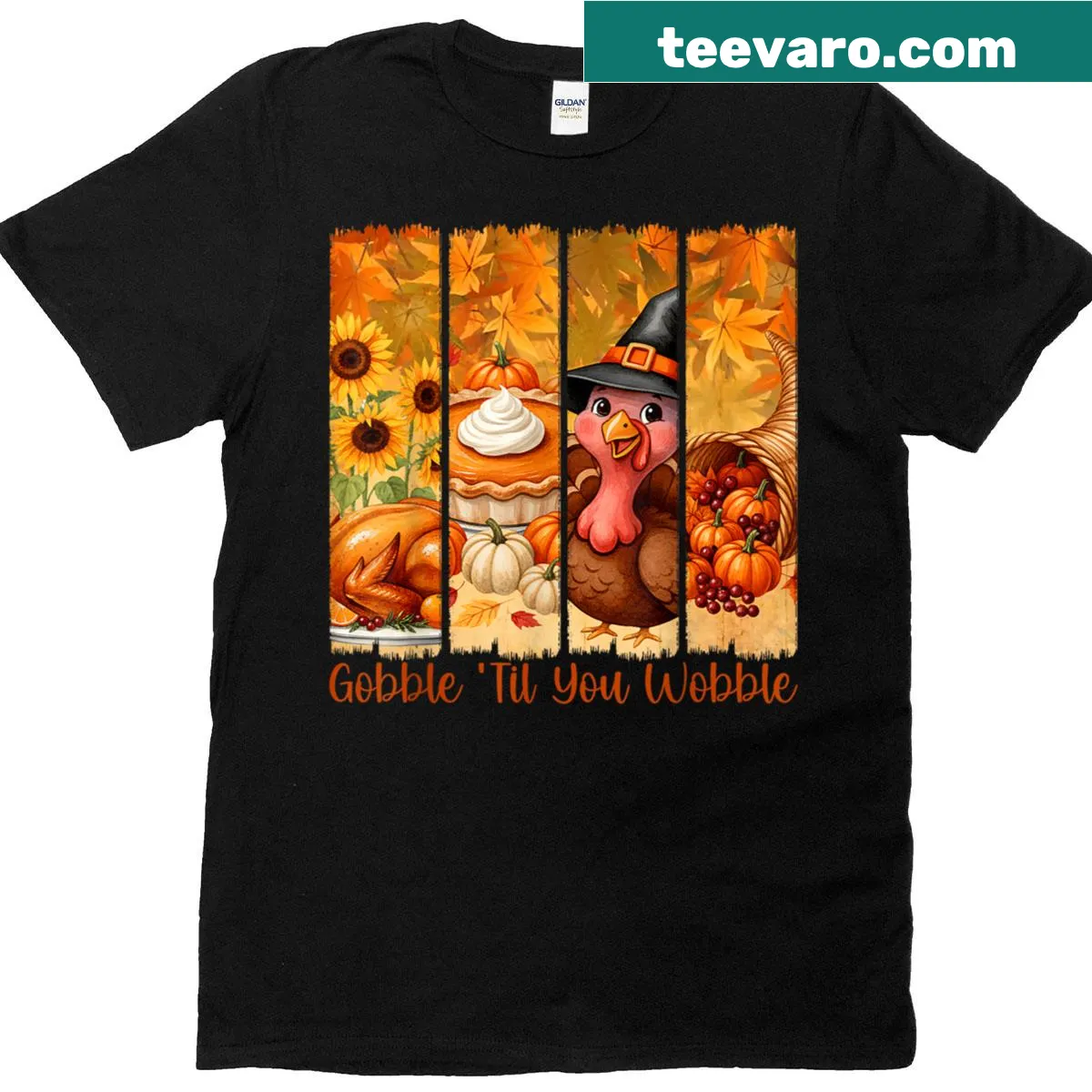 Funny Thanksgiving T-shirt with Gobble Til You Wobble text — on a men's t-shirt