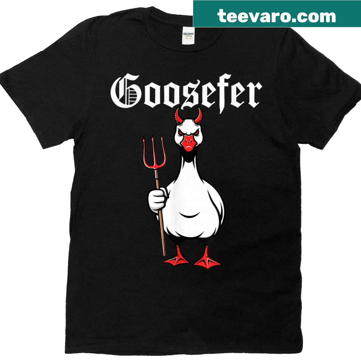Humorous t-shirt featuring a devil goose for Halloween — on a men's t-shirt