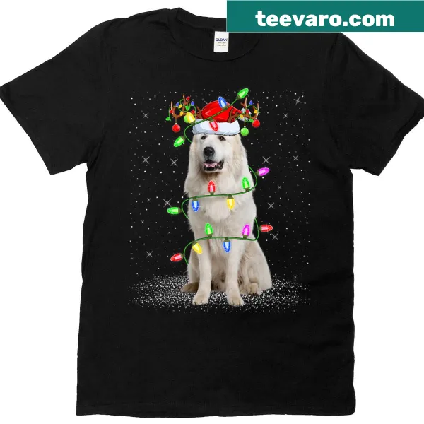 Christmas themed Great Pyrenees illustration with Santa hat and lights