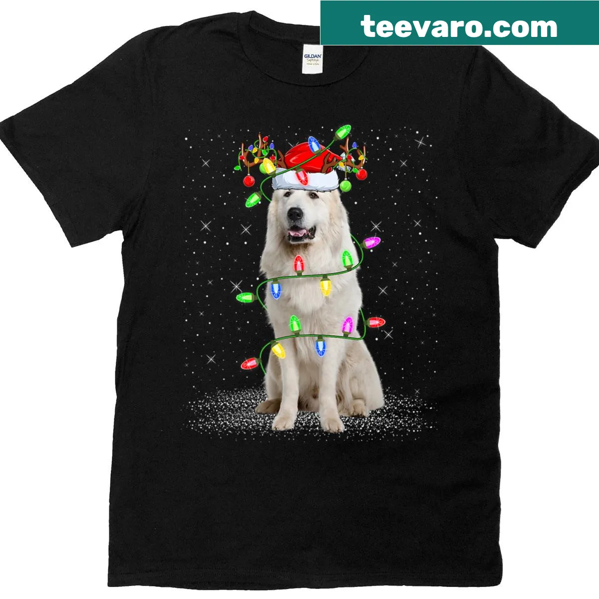 Christmas themed Great Pyrenees illustration with Santa hat and lights — on a men's t-shirt