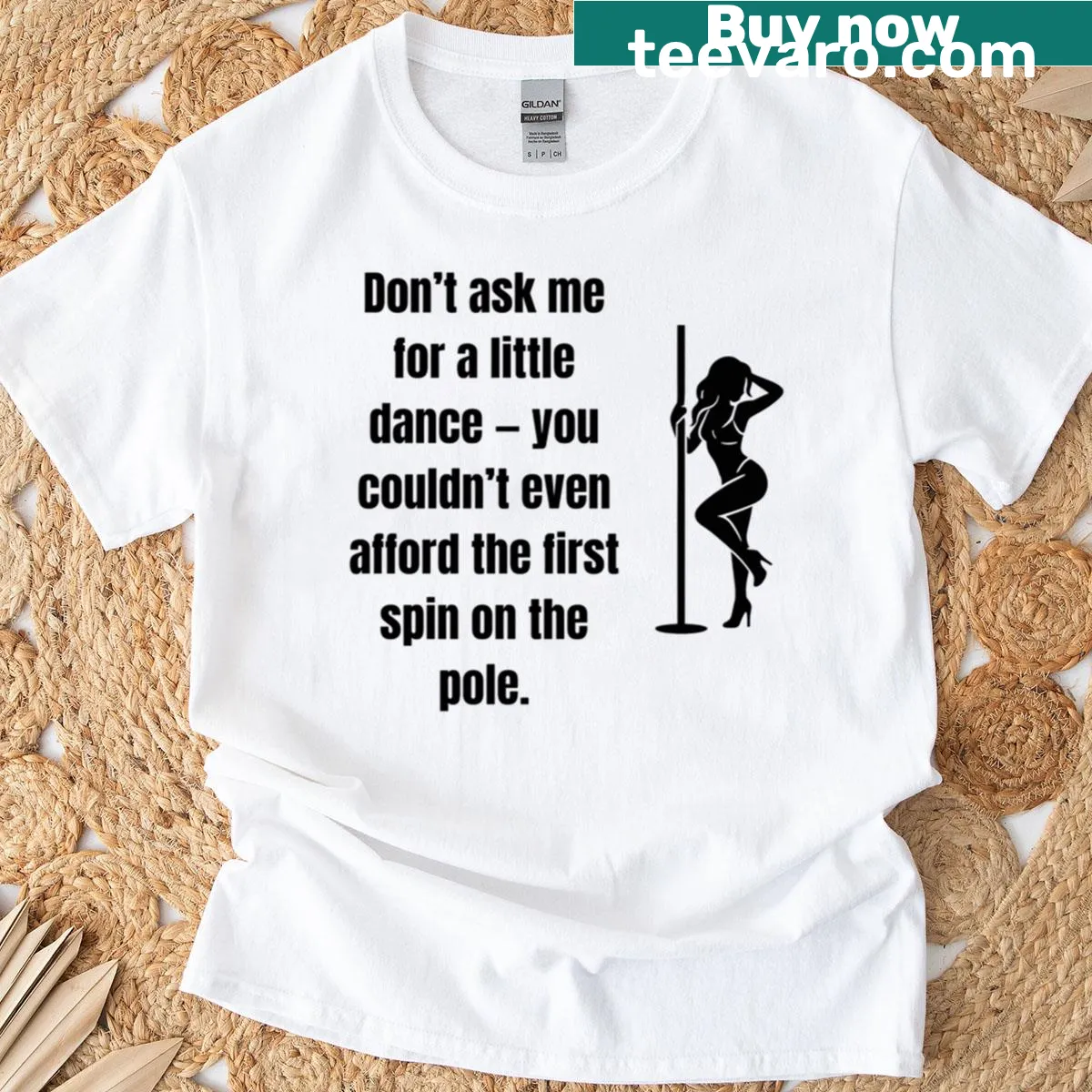 Light-hearted t-shirt with pole dancer silhouette and humorous text — on a men's t-shirt
