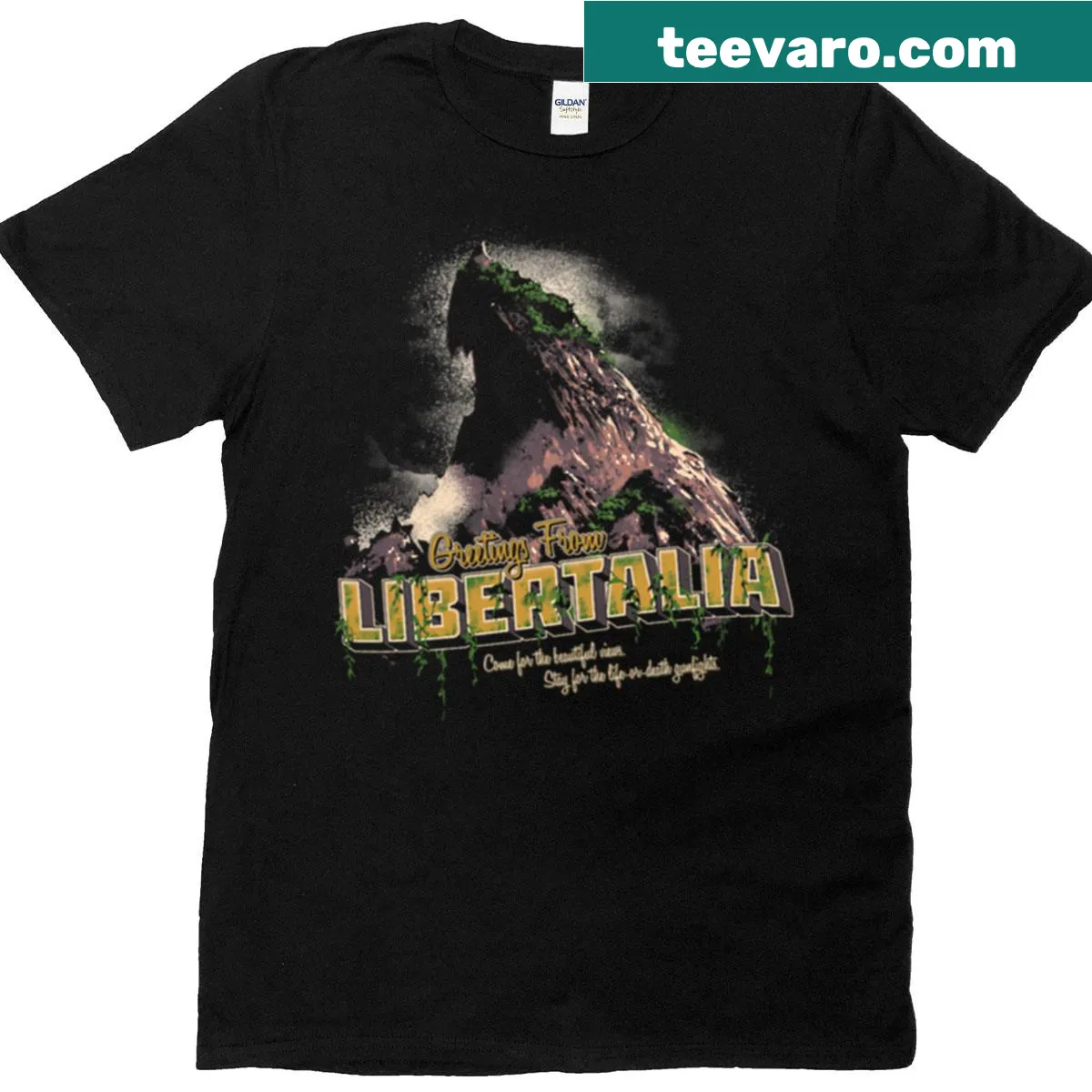 Retro postcard-style t-shirt with 'Greetings From Libertalia' text — on a men's t-shirt